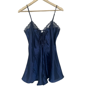 Vintage La Senza Lace Satin Midnight Navy Blue Chemise Sexy Romper Lingerie